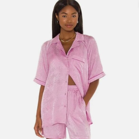 Revolve Tell Your Friends Eden Print Pink Silk Bowling Shirt Medium - Picture 1 of 11